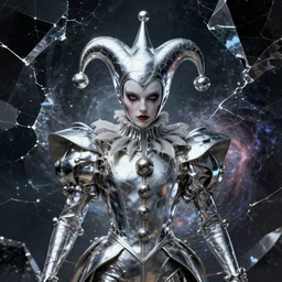 impressive entrancing front!! shot photo of a court jester character fine portrait fine portrait mesmerizing fractal hyper cubes platinum cracked dark future hyper dimensional space galactic crystal nebula edges elegant detailed intricate concept artstation sharp focus ray tracing cinematic masterpiece temporal corruption beeple wlop germ 8 4 k scifi glossy hyper realistic illustration canon eos r 3 fujifilm x - t 3 0 sony alpha a 6 6 0 0