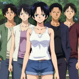style of madhouse studio anime, rei hiroe, loish, artgerm, joshua middleton, portrait of revy from black lagoon, symmetrical eyes and symmetrical face, jean shorts, white tank top, waist up, smirk on face, evening, natural lighting