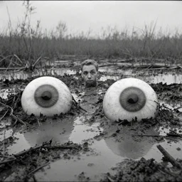 movie still by tarkovsky of big eyeballs in mud flaque, swamp backround, cinestill 8 0 0 t 3 5 mm b & w, heavy grain, high quality, noir, natural textures, photorealistic, ambient occlusion, hd, ultra wide lens, anamorphic