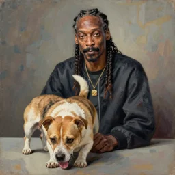 A dog snooping the rapper Snoop Dogg, rococo painting, smooth, sharp focus,, pixiv, ultra highly detailed