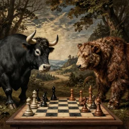 a bull and a bear playing chess, renaissance painting