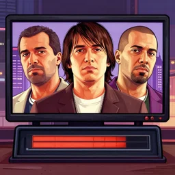 satoshi nakomoto in the gta v loading screen, detailed faces wide angle shot, city background, vector art illustration, gears of war cell shaded illustration, gta 5 artwork masterpiece, 4 k, art by stephen bliss