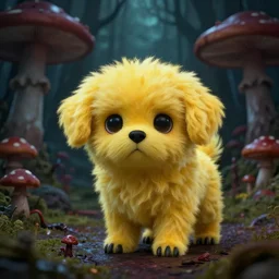 cute evil yellow fluffy puppy zombie dog in a dark toxic mushroom forest. style of lovecraft horror. 4 k photorealistic. highly detailed.
