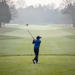 one kid golfer from behind in a golf course in a winter morning, photorealistic, grain, cinemastyle, depth of field