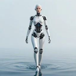 beautiful centered Fine art photo portrait of Allison Parker as a solarpunk robotic humanoid treading on water, white mechanical parts with led lights, photorealistic, white background, highly detailed and intricate, sun lighting, HDR 8k