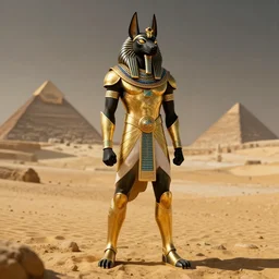 full body anubis character in egyptian gold and black armor character, background is an oasis in egypt, concept character art, final fantasy, moebius, ultra detailed, ambient lighting, ray tracing, moody
