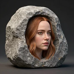 big rock solid stone with the emerging face of emma stone buried inside the stone rock, render