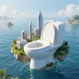 futuristic civilization on an island that is floating in the water inside a toilet, digital arte, dslr, octane render
