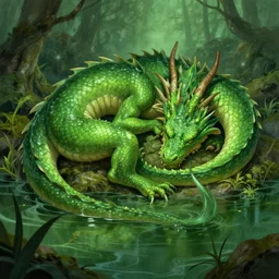 green dragon sleeping in a swamp, fantasy, dnd, art by greg rutkowski