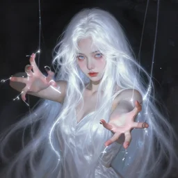 mysterious fate girl with silk glowing white hair with glowing white stings coming out of her hands, she poses as a puppeteer with her hands infront of her concept art trending on artstation oilpaint portrait