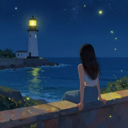 naive art. woman sitting on wall looking at the ocean. lighthouse. stars. fireflies.
