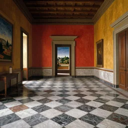 renaissance painting of a room in central perspective marble checkered floor and bright colors, geometrically precise in the style of piero della francesca, primary colors, happy color palette