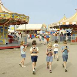kids wandering through a carnival, all ignoring the rides and pasting in their phones instead, by Norman Rockwell