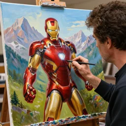 a closeup photorealistic photograph of bob ross in the studio, working on a canvas painting of iron man. mountain scape. film still, vibrant colors. this 4 k hd image is trending on artstation, featured on behance, well - rendered, extra crisp, features intricate detail, epic composition and the style of unreal engine.