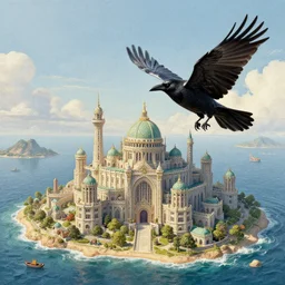 a crow flying towards an island, texture, intricate, details, highly detailed, masterpiece, architecture, building, trending on artstation, focus, sharp focus, concept art, digital painting, fantasy, sunny, day, midday