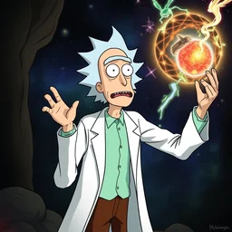 rick, from rick and morty, wearing a lab coat, as god and as adam, in the creation of adam, by michelangelo