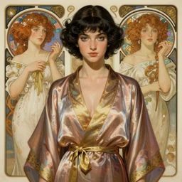 gorgeous michi wearing a silk robe, digital painting, artstation, concept art, sharp focus, illustration, art by artgerm and greg rutkowski and alphonse mucha
