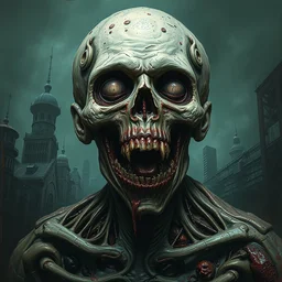 portrait of rotting zombie, hyper detailed masterpiece, dystopian background, jean giraud, digital art painting, darkwave goth aesthetic, lovecraftian, artgerm, donato giancola and tom bagshaw