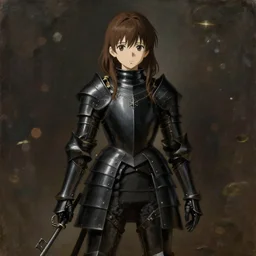 baroque oil painting japanese light novel illustration lotr anime key visual full body action shot | young girl black military crusader armour with shoulder length brown hair | symmetrical perfect face fine detail delicate features quiet gaze | gapmoe kuudere moody lighting bokeh | trending pixiv fanbox | by greg rutkowski makoto shinkai takashi takeuchi studio ghibli