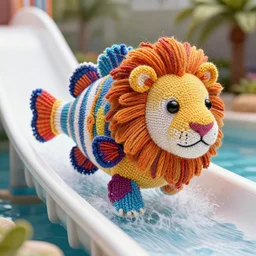 a closeup photorealistic photograph of a colorful knitted barracuda themed lion riding down a water slide. intricate stitching. professional capture. bright scene. this 4 k hd image is trending on artstation, featured on behance, well - rendered, extra crisp, features intricate detail, epic composition and the style of unreal engine.