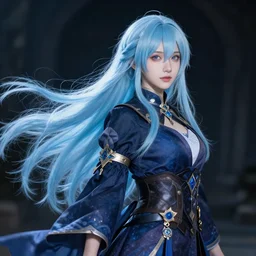 a beautiful woman with long flowing light blue hair, detailed clothing, dark aesthetic, fantasy setting