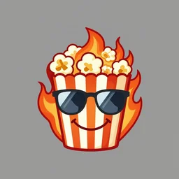 vector anime style logo featuring a flaming piece of popcorn with a smiling face, with mirrorshades sunglasses, popcorn as morpheus, clean composition, symmetrical