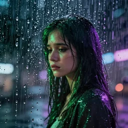 raindrops on a pane of glass, green and purple hair, sad - girl, night, photorealistic, nighttime, lots of raindrops on glass, rain!!!, rainy, showers, city light reflections, cyberpunk