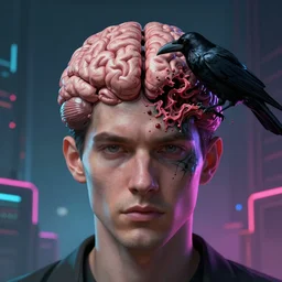 a close - up portrait shot of a man! who's ( brain is being ( ( eaten by a ( crow ) ) ), cult dystopian neon environment, intricate, elegant, highly detailed, centered, digital painting, artstation, concept art, smooth, sharp focus, illustration, artgerm, 8 k, ray tracing