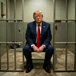 full shot of donald trump in a dirty jail cell in guantanamo, by ken loach