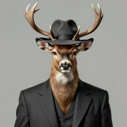 a upper body portrait of a deer in a pinstriped suit and pants wearing a fedora with the antlers sticking out of the fedora by artgerm and wlop, intricate detail, digital art, photorealistic, trending on artstation