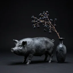 sculpture of a pig and blackberries, ikebana vase, photorealistic, centred, black background, obsidian, zen, trending on artstation