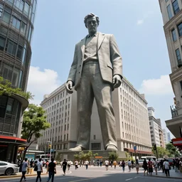 a gigantic building - sized statue of a man looking down on pedestrians in the middle of a busy street, hd, 4 k, wide - angle shot