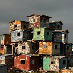 close - up view of makeshift brutalist structure made up of colourful squatter shacks, faded colours, plain uniform sky, mamiya, very detailed, photographed by cristina de middel