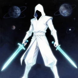 Fantasy assasin; White Clothes; Translucent neon bright daggers; Dark Sky with Planets Background; Drawn by Tony Sart;