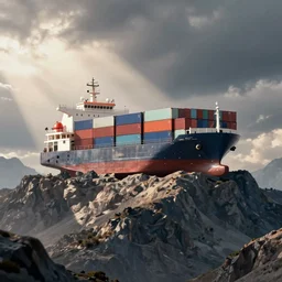 Container ship on top of a mountain