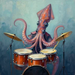 a painting of a squid banging the drums with its tentacles, by greg rutkowski, featured on artstation