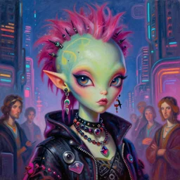 close up portrait of a cute punk rock fashion alien martian girl in a fluorescent fractal cyberpunk futuristic city, oil painting by canaletto hieronymus bosh leonardo da vinci piero della francesca botticelli