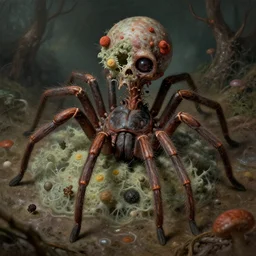 cordycepts militaris, infested spider, mind control fungus, fungal spider, fungus, spores, from within, mold, mycelium burst, zombie fungus, 8 k, artgerm, artstation, highly detailed, anthropomorphic, by hieronymus bosch