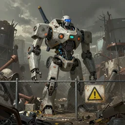 an intricate concept art of a robot junk yard behind chainlink fence with warning sign, cinematic, post - apocalyptic, matte painting, concept art, hyper realistic, artstation, deviantart, style by feng zhu and dylan cole, octane render, anime style