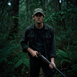 cinematic photograph of a man with a baseball hat and a rifle standing in a dark lush forest, apprehensive, awaiting doom, 1 9 8 0 s stephen king atmosphere,