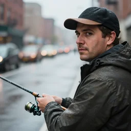 closeup portrait of a man fishing in a rainy new york street, photography, CANON Eos C300, ƒ1.8, 35mm