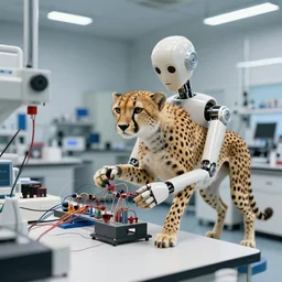 a humanoid cheetah doing electrical engineering in the laboratorium