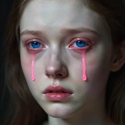 a very pale skinned girl with deep blue eyes crying, neon pink tears, close up, highly detailed, intricate, sharp focus, subsurface scattering, art by caravaggio, greg rutkowski, sachin teng, thomas kindkade, ruan jia, norman rockwell, tom bagshaw.