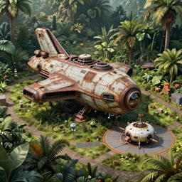 a futuristic rusty old alien spaceship, next to it a smaller exploration ship on a landing pad, surrounded by a lush jungle, in the foreground two explorers are having a conversation and small animals are walking around, golden hour, sun beams, volumetric light, hyperdetailed, artstation, cgsociety, 8k