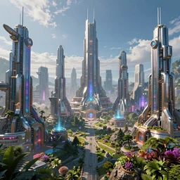 a megalopolis of steel and cyborgs, futurism, high fantasy, magical elements, vibrant colors, lush landscape, sharp details, high res eautiful lighting, digital art, octane rendered, studio light, glowing lights, holographic undertones, epic fantasy, extremely detailed, establishing shot, realistic materials, hyperrealistic