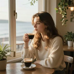 a thin, pretty young Romanian girl sits near the window of a cute seaside Cafe with an espresso, golden morning light, cozy, plants, Spirited Away