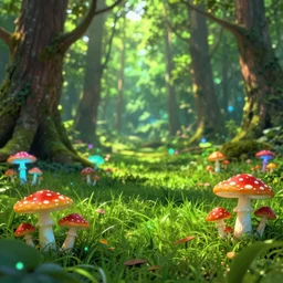 fantasy bright green forest with a lot of luminescent colorful mushrooms on bright green grass