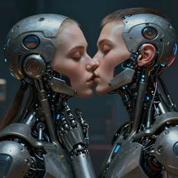 ultra realistic close - up of a couple of cyborgs lovers, kissing, passion, cyberpunk, sci - fi, fantasy, kodak, photorealistic illustration, colour led, soft light, volumetric lighting, night, intricate, highly detailed, digital painting, concept art, smooth, sharp focus, illustration, art by artgerm and greg rutkowski and alphonse mucha