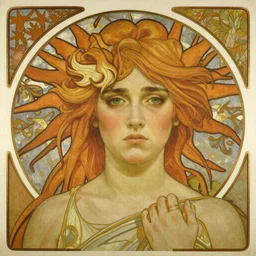 detailed portrait art nouveau painting of Billie Eilish as the goddess of the sun, with anxious, piercing eyes, by Alphonse Mucha, Michael Whelan, William Adolphe Bouguereau, John Williams Waterhouse, and Donato Giancola