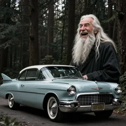 a beautiful widescreen photo of a old cadillac in a dark forest, with a old laughing happy old man with long hair, long beard, in a dark forest low light, by dimitri mellos